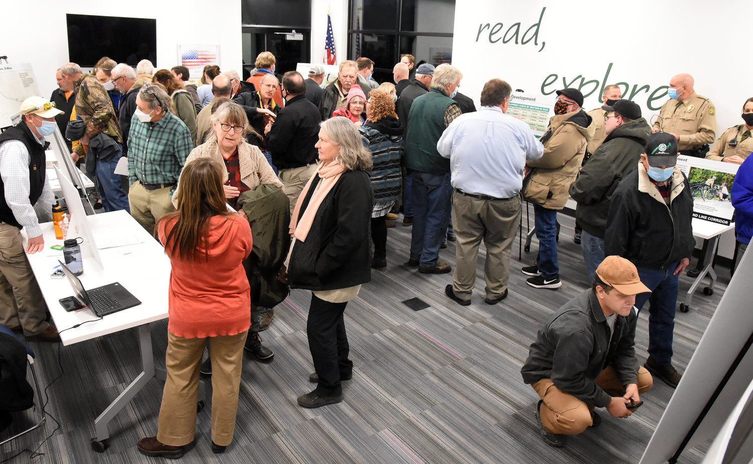An open house with informational displays presented by state agencies including DNR and State Parks (below) drew 83 visitors to the Owensville branch of Scenic Regional Library’s meeting room earlier in the evening.
